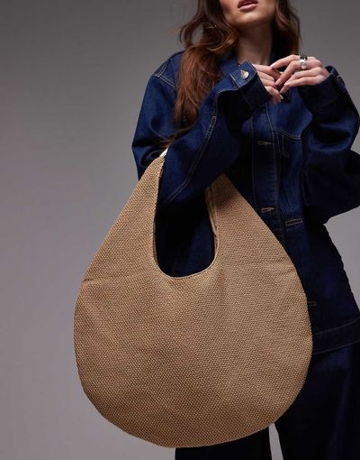 Topshop Topshop Scarlett straw bag with metal handle in natural-Neutral