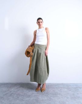 Topshop Topshop seamed barrel cut maxi skirt in sage corduroy-Green