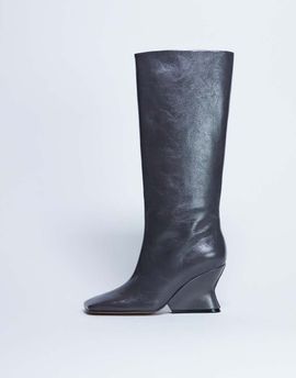 Topshop Topshop Selma Premium leather knee high wedge boots in gray