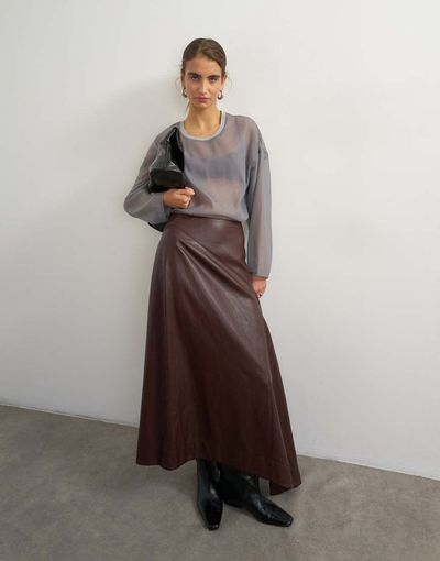 Topshop Topshop set faux leather drape detail maxi skirt in chocolate-Brown