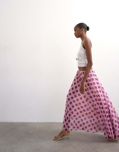 Topshop Topshop sheer full circle chiffon skirt in pink plaid