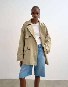 Topshop Topshop short belted trench coat in stone-Neutral