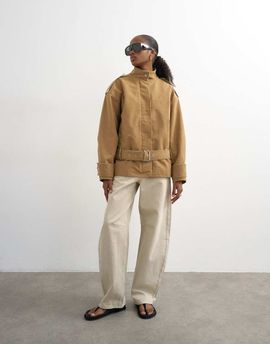 Topshop Topshop short cotton belted bomber jacket in tan-Brown