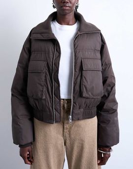 Topshop Topshop short puffer bomber jacket with ribbed collar in chocolate-Brown