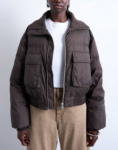 Topshop Topshop short puffer bomber jacket with ribbed collar in chocolate-Brown
