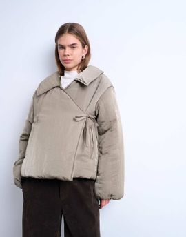 Topshop Topshop short tie waist puffer jacket in stone-Neutral