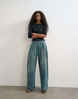 Topshop Topshop side buckle wide leg jean in green cast-Blue