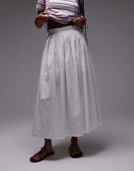 Topshop Topshop side zip crinkle cotton laundered full skirt in ivory-White