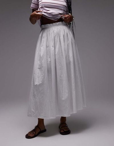 Topshop Topshop side zip crinkle cotton laundered full skirt in ivory-White
