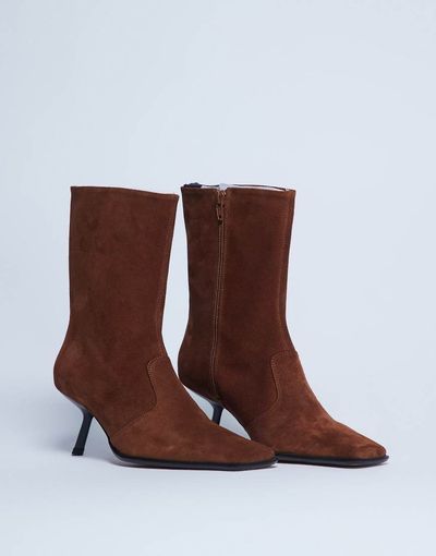 Topshop Topshop Sienna premium suede leather square toe mid heel boots in tan-Brown