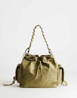 Topshop Topshop Simone suedette pocket detail bucket shoulder bag in khaki-Green