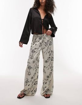 Topshop Topshop sketched floral satin drawstring pants in black-Multi