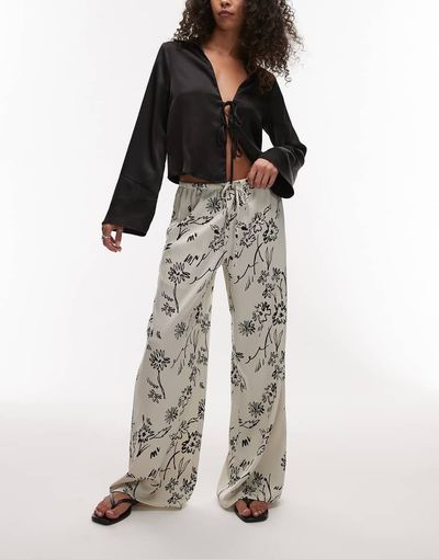 Topshop Topshop sketched floral satin drawstring pants in black-Multi