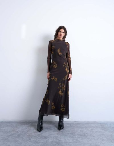 Topshop Topshop slash neck chiffon maxi dress in brown and lime floral print-Multi