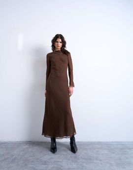 Topshop Topshop slash neck chiffon maxi dress in chocolate-Brown