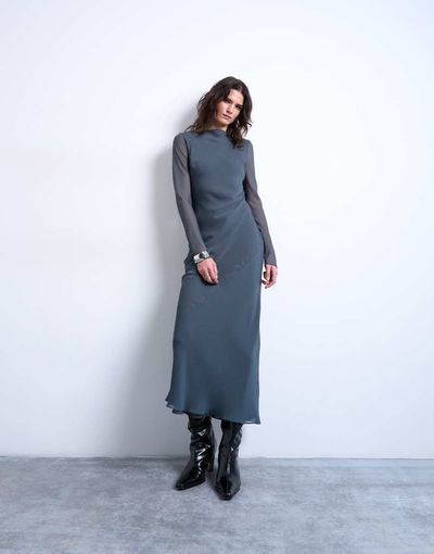 Topshop Topshop slash neck chiffon maxi dress in petrol-Blue