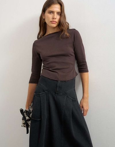 Topshop Topshop slash neck curve hem top in chocolate-Brown
