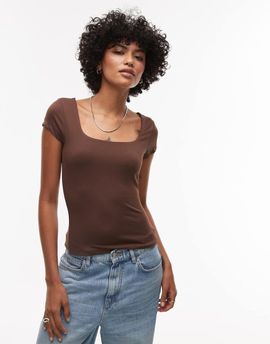 Topshop TOPSHOP slinky cap sleeve top in chocolate brown