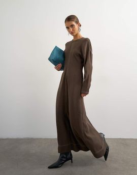 Topshop Topshop soft touch drop armhole maxi dress in chocolate with ecru contrast topstitching-Brown