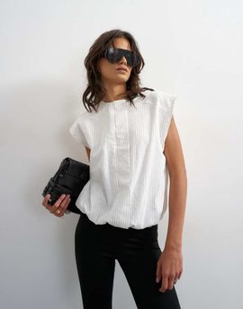 Topshop Topshop soft zip up structured shoulders top in white stripes
