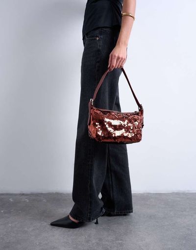 Topshop Topshop Sol shoulder sequin bag with leather handle in rust-Orange