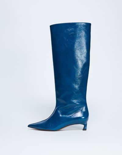 Topshop Topshop Sophie Premium leather point toe knee high boots in blue