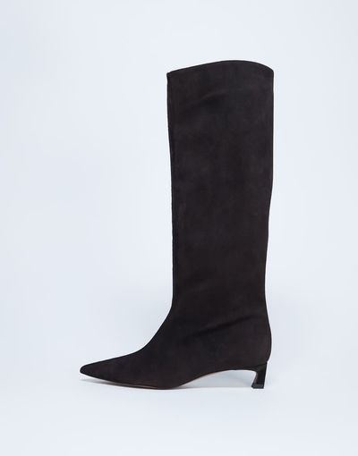 Topshop Topshop Sophie Premium suede leather pointed toe knee high boots in chocolate-Brown