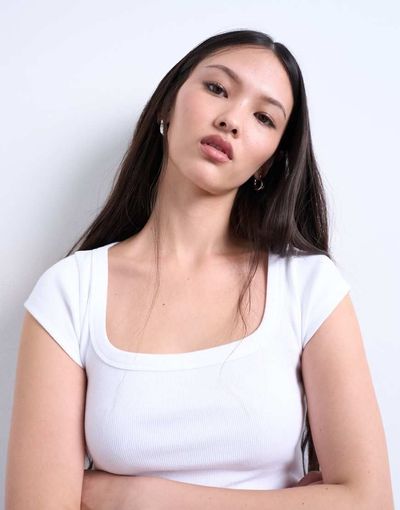 Topshop Topshop square neck rib knit cap sleeve tee in white
