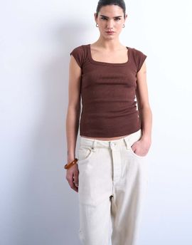Topshop Topshop square neck ribbed cap sleeve tee in brown