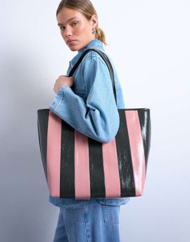 Topshop Topshop Stevie large striped faux leather tote in pink & khaki green