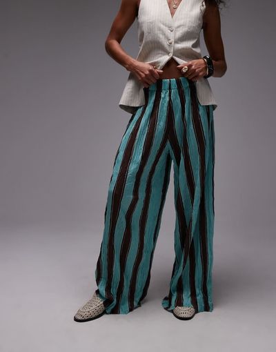 Topshop Topshop stripe crinkle wide leg pants in blue and brown-Multi