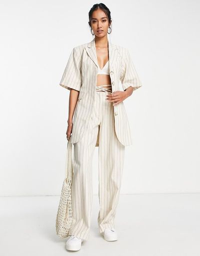 Topshop Topshop stripe linen-blend tie waist pants in beige - part of a set-Neutral