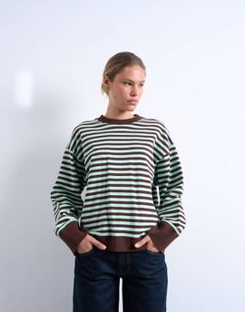 Topshop Topshop stripe oversized deep cuff sweat in mint and chocolate-Multi