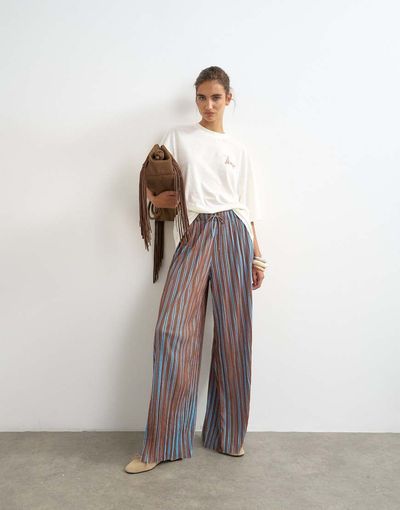 Topshop Topshop stripe plisse pants in brown-Multi