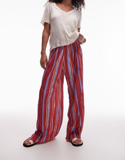 Topshop Topshop striped crinkle wide leg pants in red and lilac-Multi