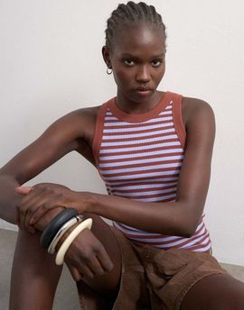 Topshop Topshop striped rib knit racer back tank top in brown