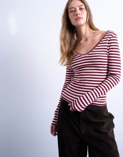 Topshop Topshop striped v-neck top in pink and burgundy