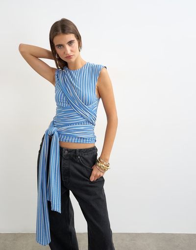 Topshop Topshop striped wrap detail tee in blue