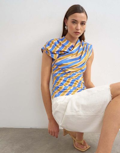 Topshop Topshop striped wrap front ruched top in multi-Green