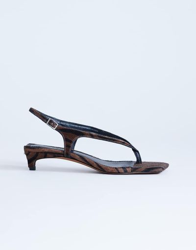 Topshop Topshop Sunshine toe thong mid heel sandal in brown zebra hair on real leather