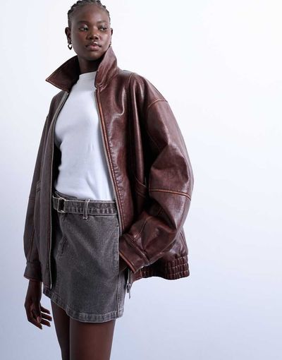Topshop Topshop super oversized faux leather contrast heavy wash bomber jacket in brown