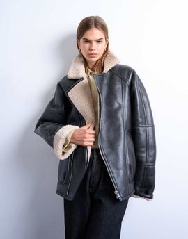 Topshop Topshop super oversized vintage wash faux shearling aviator bomber jacket in black-Brown