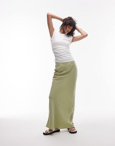 Topshop Topshop super soft cupro bias cut maxi skirt in olive-Green