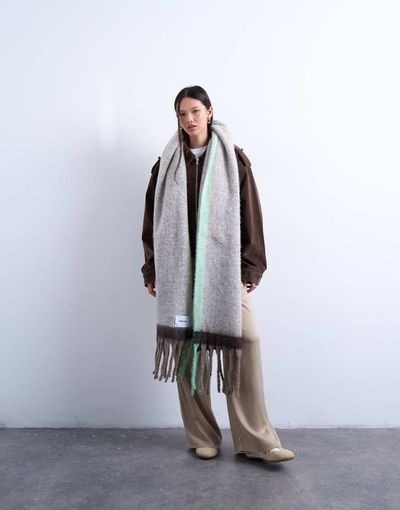 Topshop Topshop Sydney blanket scarf in chocolate and mint-Brown