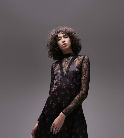 Topshop Topshop Tall lace and print mix mini dress in multi