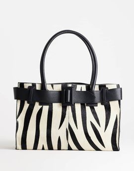 Topshop Topshop Tammy hair-on real leather belt detail large tote in zebra print-Black