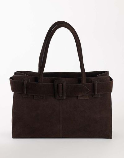 Topshop Topshop Tammy real suede belt detail tote bag in chocolate-Brown