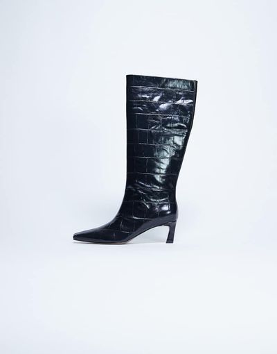Topshop Topshop Tanya point toe knee high boots in black croc