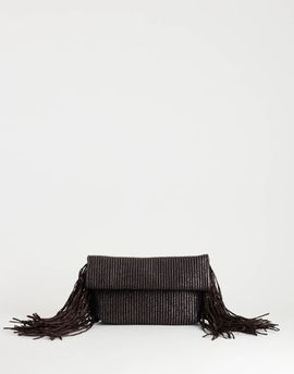 Topshop Topshop Tassel oversized weave clutch bag in chocolate-Brown