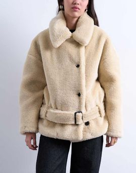 Topshop Topshop teddy belted short car coat in cream-White